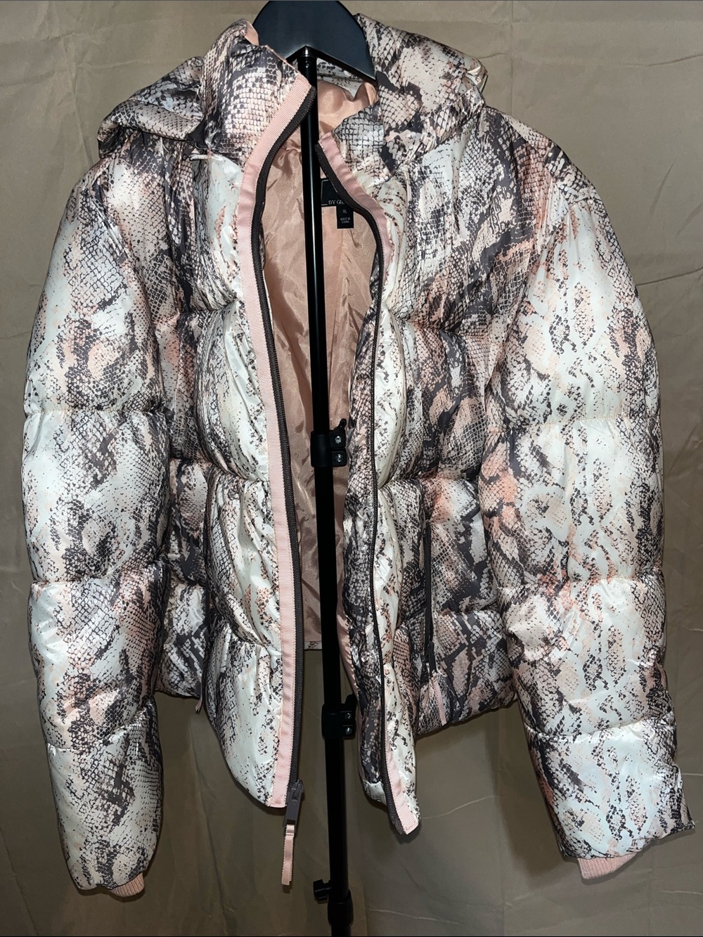 Snake-Print Puffer Jacket in Pink and Beige